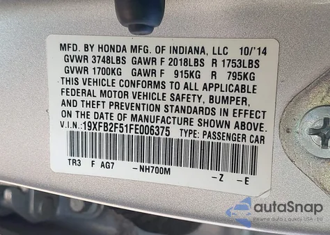 2015 Honda Civic Lx из США, поврежденный, VIN 19XFB2F51FE006375